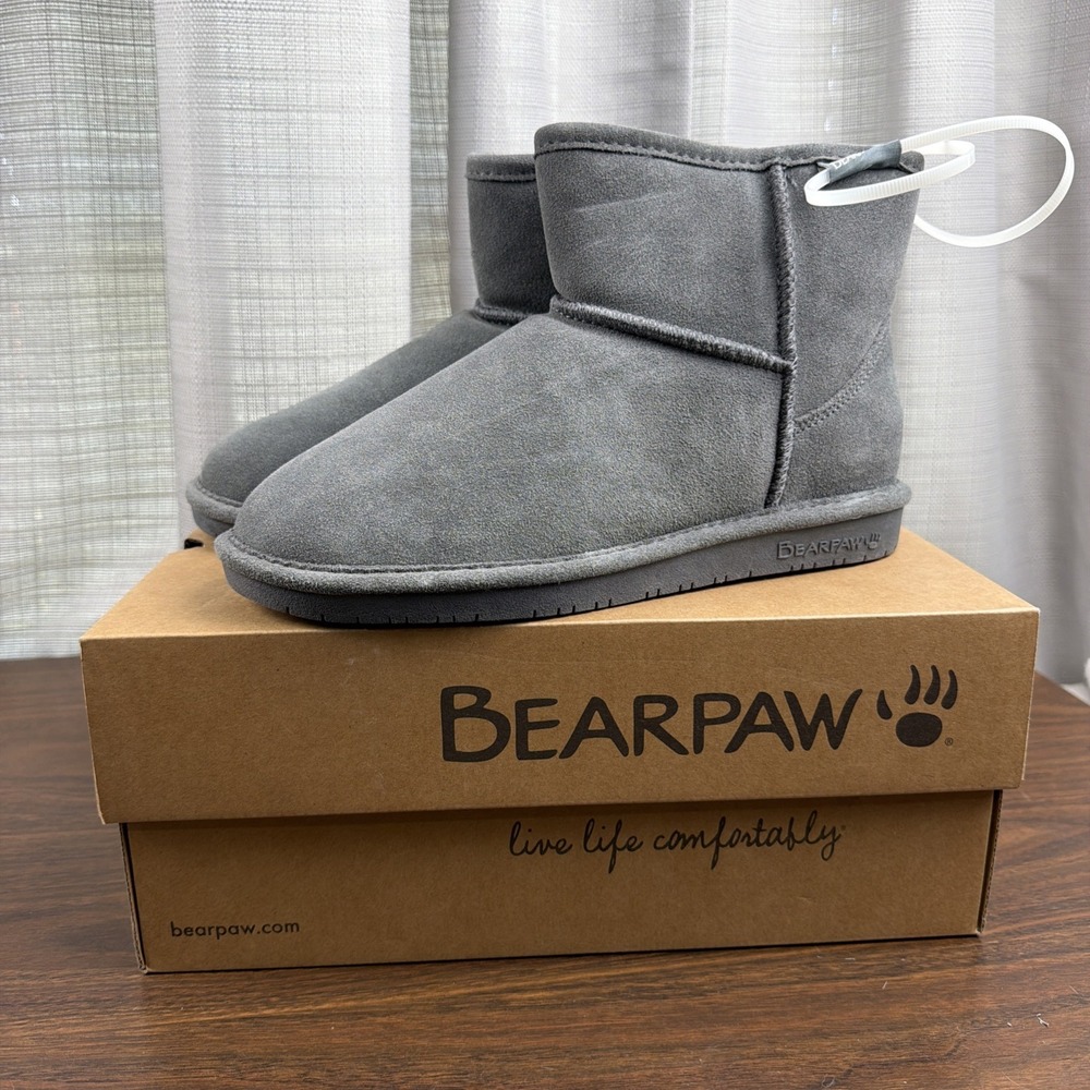 Bearpaw Women's Short Faux Fur Lined Grey Charcoal Demi Suede Ankle Boots Sz 8